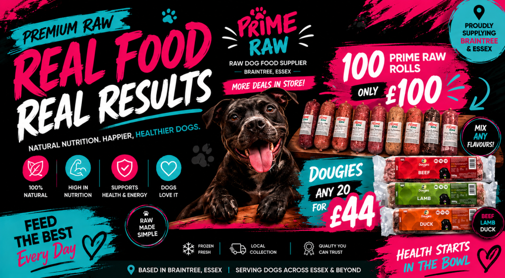 An image depicting all the offers that Always Raw offers to Dog owners in Essex and Braintree